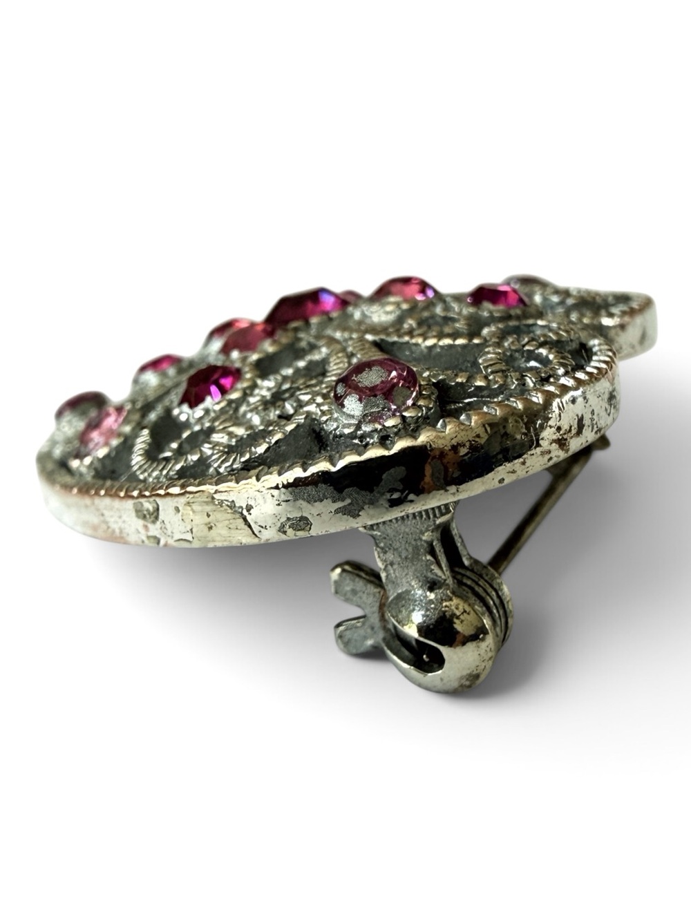 Vintage 1928 Brand Silver-Tone Heart Filigree Brooch with Pink Rhinestones - Picture 8 of 10